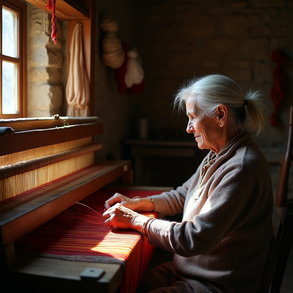 Artigiana anziana al telaio in un laboratorio tradizionale con luce naturale laterale