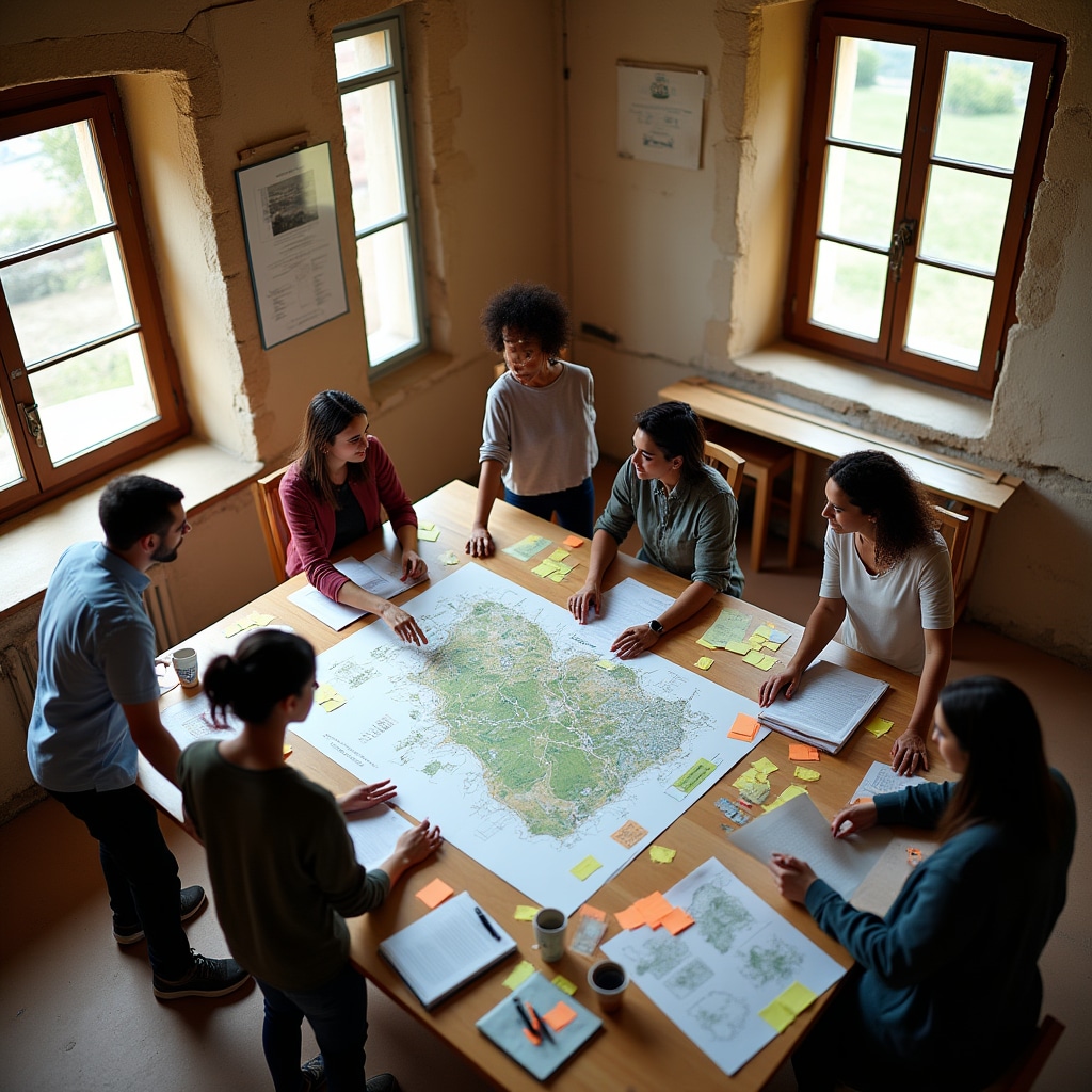 Workshop di comunicazione territoriale con partecipanti attorno a un tavolo con mappe e materiali