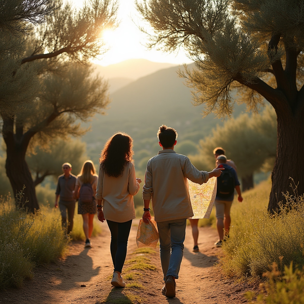 Gruppo di visitatori che percorre un itinerario tematico tra campi e uliveti in Campania